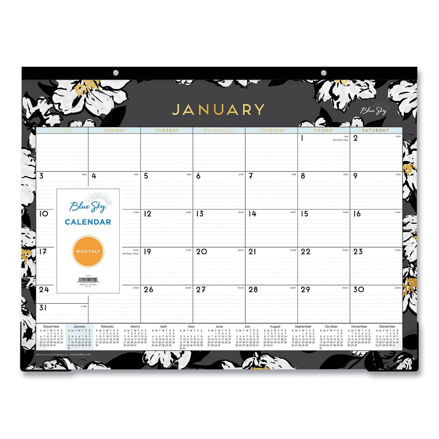 Blue Sky Baccara Dark Desk Pad, Baccara Dark Floral Artwork, 22 x 17, White/Black Sheets, Black Binding, Clear Corners, 2023