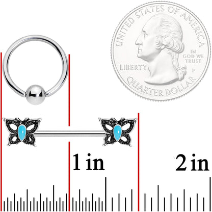 14G Faux Turquoise Butterfly BCR Barbell Nipple Ring Set of 4