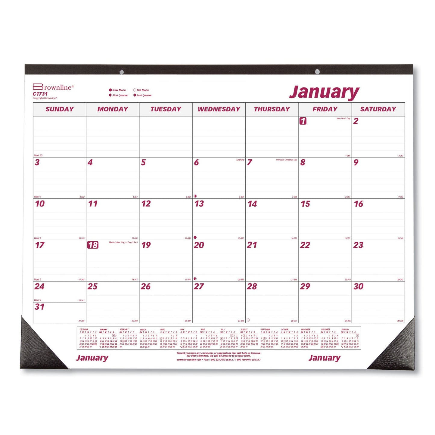 Brownline Monthly Desk Pad Calendar, 22 x 17, White/Burgundy Sheets, Black Binding, Black Corners, 12-Month (Jan to Dec): 2023