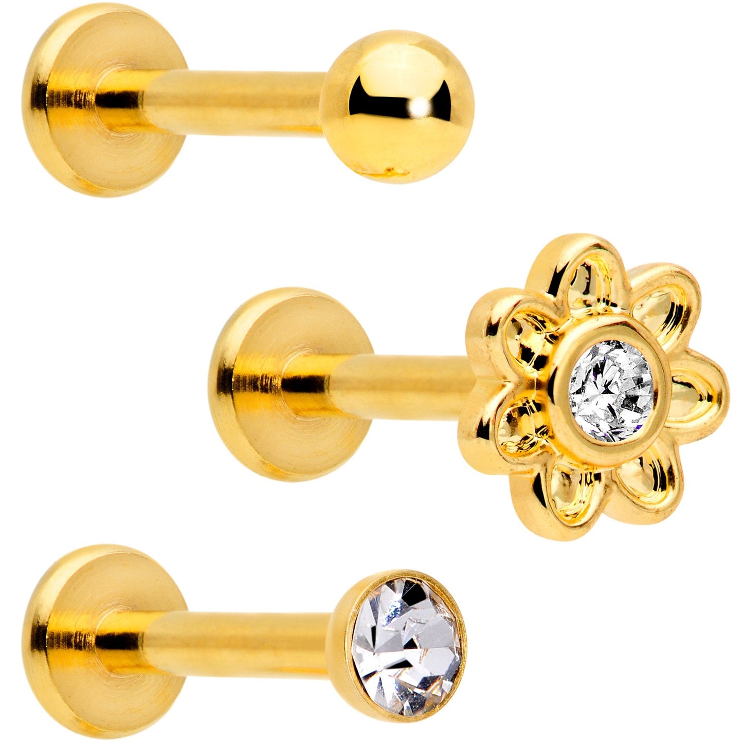 16G Clear Gem Gold Tone Internally Threaded Rose Flower Labret Set