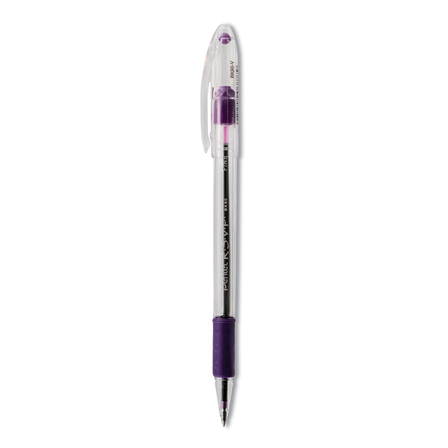 Pentel R.S.V.P. Ballpoint Pen, Stick, Fine 0.7 mm, Violet Ink, Clear/Violet Barrel, Dozen