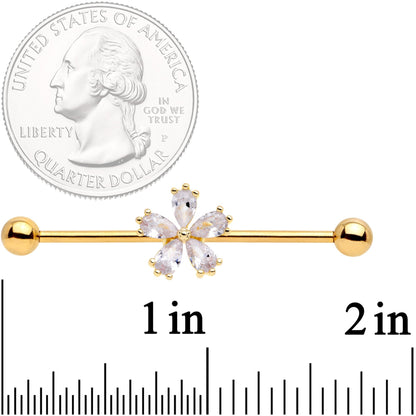14G Clear CZ Gem Gold Tone Perfect Petals Flower Industrial Barbell 38mm