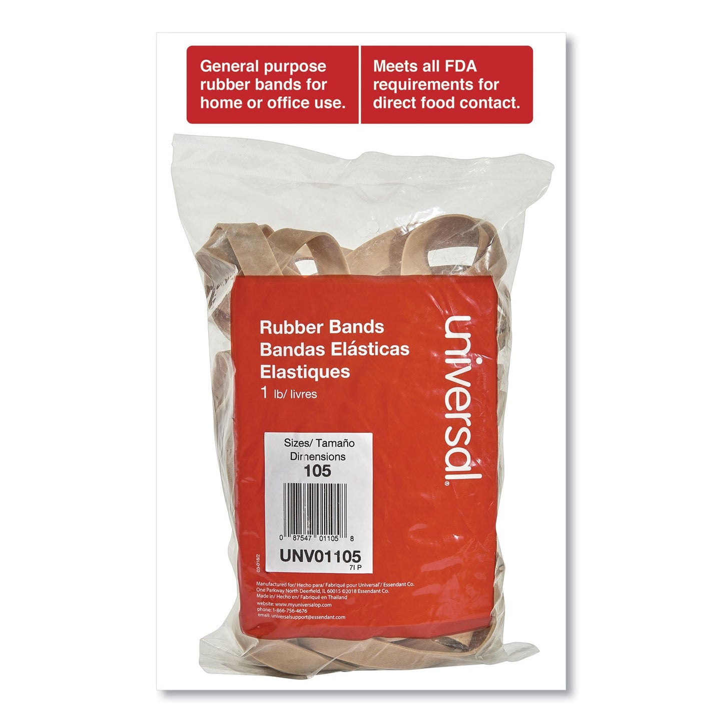 Universal Rubber Bands, Size 105, 0.06" Gauge, Beige, 1 lb Box, 55/Pack