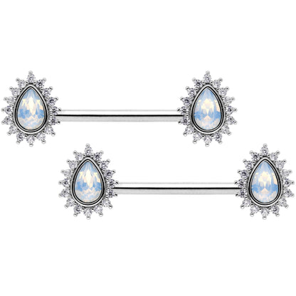 14G Clear CZ Gem White Faux Opal Tear Barbell Nipple Ring Set