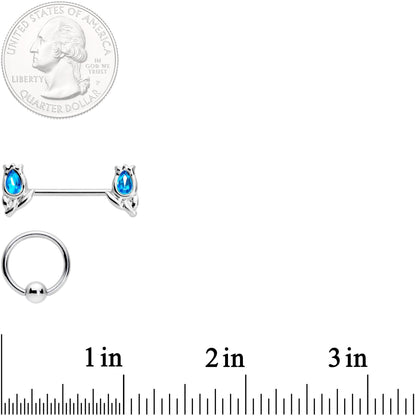 14G 7/16 1/2 Aqua Gem Flowers BCR Barbell Nipple Ring Set of 4