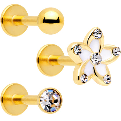 16G 5/16 Clear Gem Gold Tone White Flower Labret Set of 3