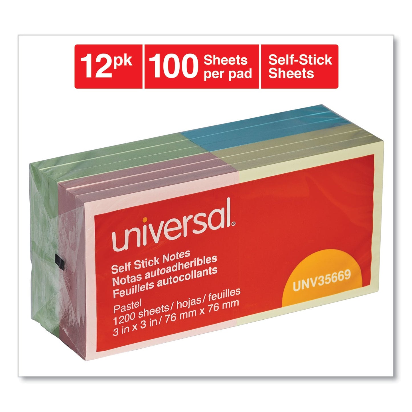 Universal Self-Stick Note Pads, 3" x 3", Assorted Pastel Colors, 100 Sheets/Pad, 12 Pads/Pack