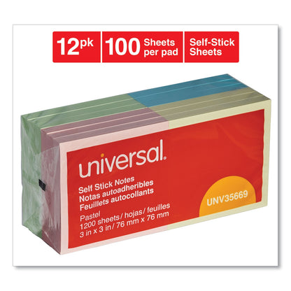 Universal Self-Stick Note Pads, 3" x 3", Assorted Pastel Colors, 100 Sheets/Pad, 12 Pads/Pack