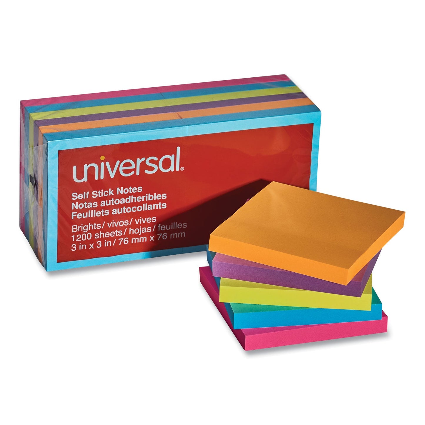 Universal Self-Stick Note Pads, 3" x 3", Assorted Bright Colors, 100 Sheets/Pad, 12 Pads/Pack