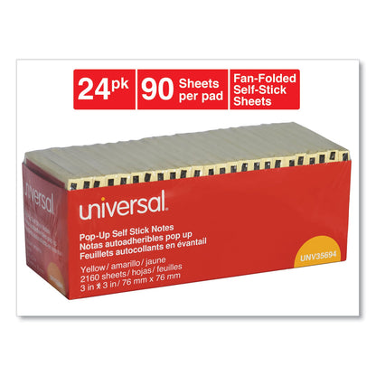Universal Fan-Folded Self-Stick Pop-Up Note Pads Cabinet Pack, 3" x 3", Yellow, 90 Sheets/Pad, 24 Pads/Pack