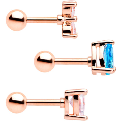 16G 1/4 Blue Clear CZ Rose Gold Tone Triangle Tragus Set of 3