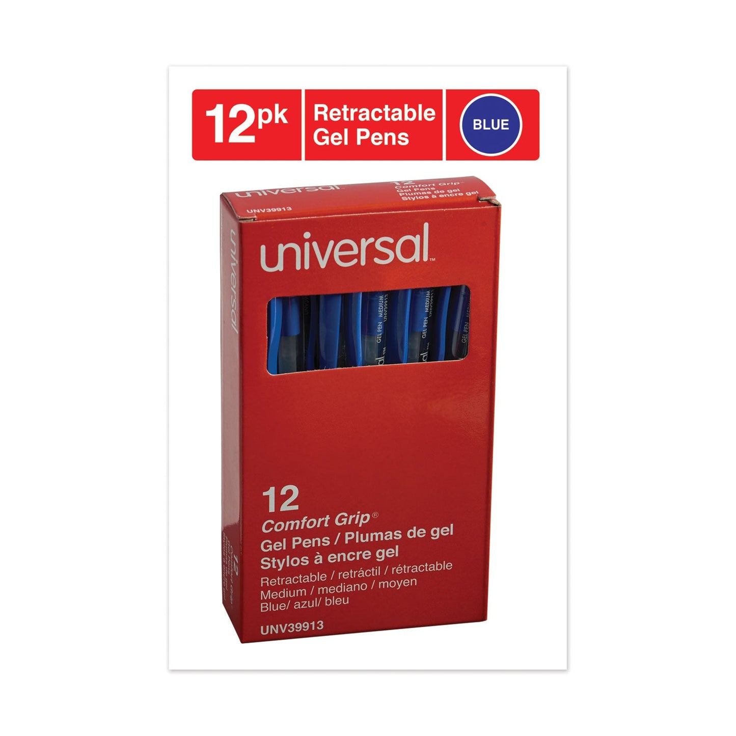 Universal Comfort Grip Gel Pen, Retractable, Medium 0.7 mm, Blue Ink, Translucent Blue Barrel, Dozen