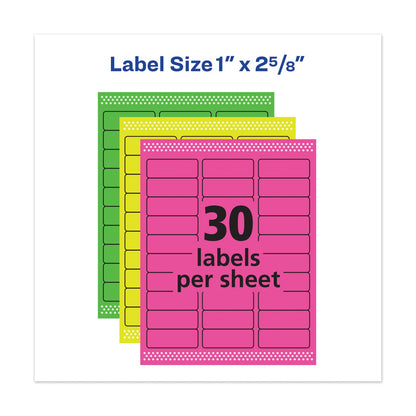 Avery High-Vis Removable Laser/Inkjet ID Labels w/ Sure Feed, 1 x 2.63, Neon, 360/PK