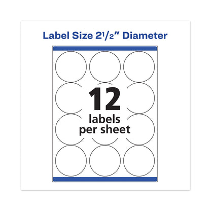 Avery Permanent Laser Print-to-the-Edge ID Labels w/SureFeed, 2 1/2"dia, White, 300/PK