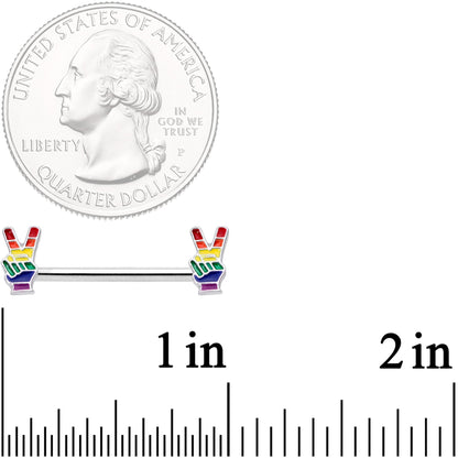 14G Pride Rainbow Peace Sign Barbell Nipple Ring Set