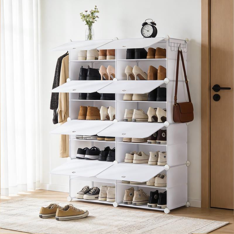 6/8-Tier Shoe Cabinet, 24/32-Tier Capacity, with Side Hooks, Sturdy Metal Frame, and Black and White Plastic Panel Shelves. Suitable for Entryways, Living Rooms, and Walk-In Closets