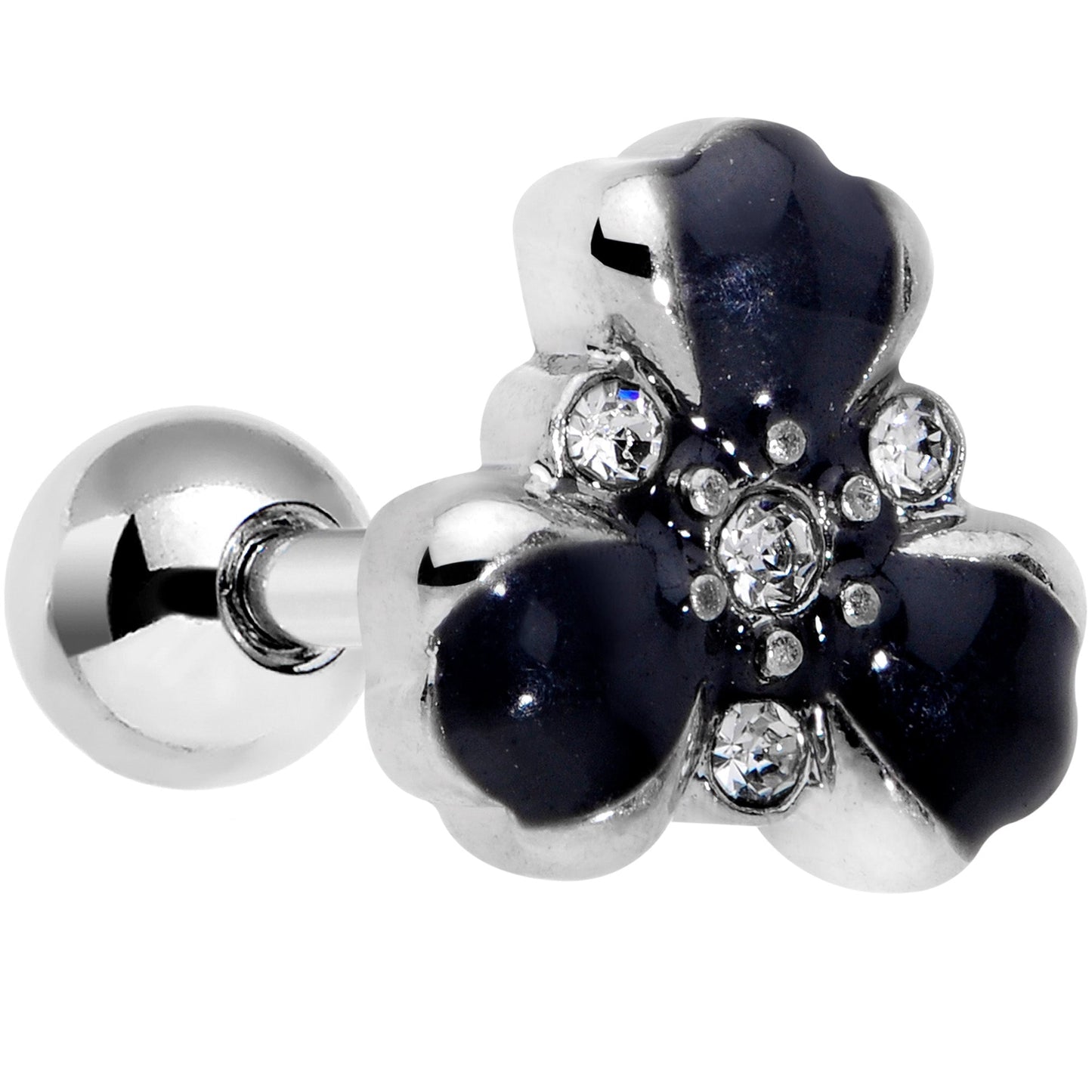16G 1/4 Clear Black Gem Abstract Flower Cartilage Tragus Earring