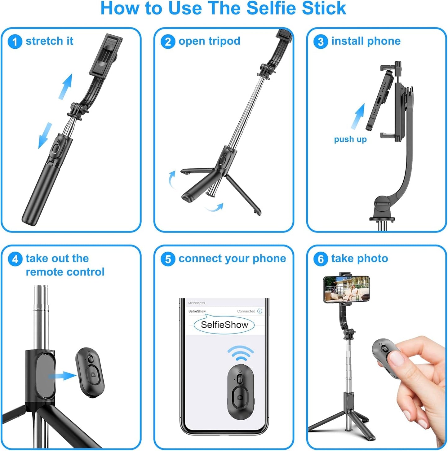 Selfieshow Selfie Stick, Extendable Selfie Stick Tripod with Wireless Remote and Tripod Stand, Portable, Lightweight, Compatible with Iphone 15 14 13 12 Pro Xs Max X 8Plus, Samsung Smartphone and More