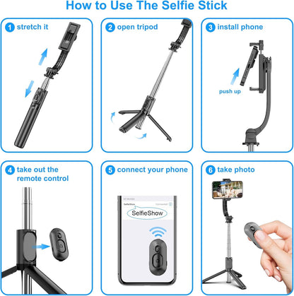 Selfieshow Selfie Stick, Extendable Selfie Stick Tripod with Wireless Remote and Tripod Stand, Portable, Lightweight, Compatible with Iphone 15 14 13 12 Pro Xs Max X 8Plus, Samsung Smartphone and More