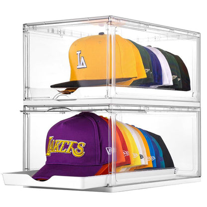 [Video Only] Vtopmart Hat Organizer for Baseball Caps,Clothing with Clear Holder Box, Large Cap Storage with Sliding Tray, Stackable Rack Display Case & Magnetic Door