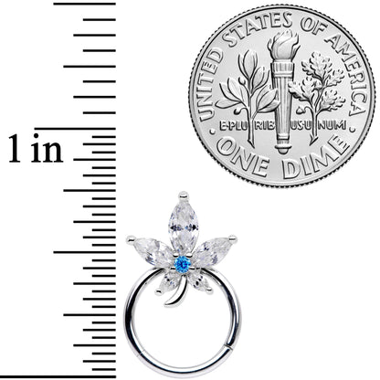 16G 3/8 Clear Blue CZ Gem Marijuana Leaf Hinged Segment Ring