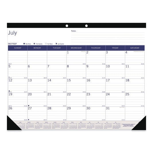 Blueline Academic Monthly Desk Pad Calendar, 22 x 17, White/Blue/Gray Sheets, Black Binding/Corners, 13-Month (July-July): 2022-2023