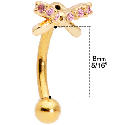 16G 5/16 Pink Gem Gold Tone Ribbon Bow Curved Eyebrow Ring