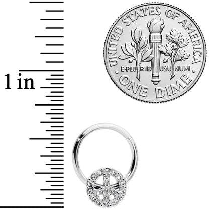 16G 3/8 Clear Gem Retro Peace Sign Hinged Segment Ring