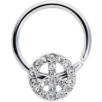 16G 3/8 Clear Gem Retro Peace Sign Closure Ring
