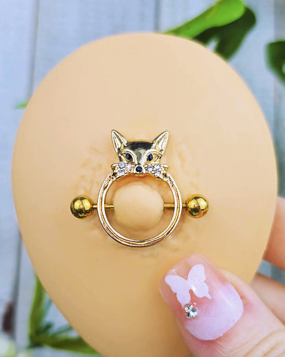 14G 13/16 Clear Black Gem Gold Tone Fox Nipple Shield Set