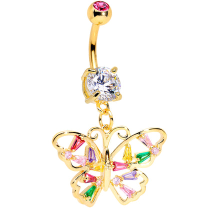 Green Pink Red CZ Gem Gold Tone Spring Butterfly Dangle Belly Ring