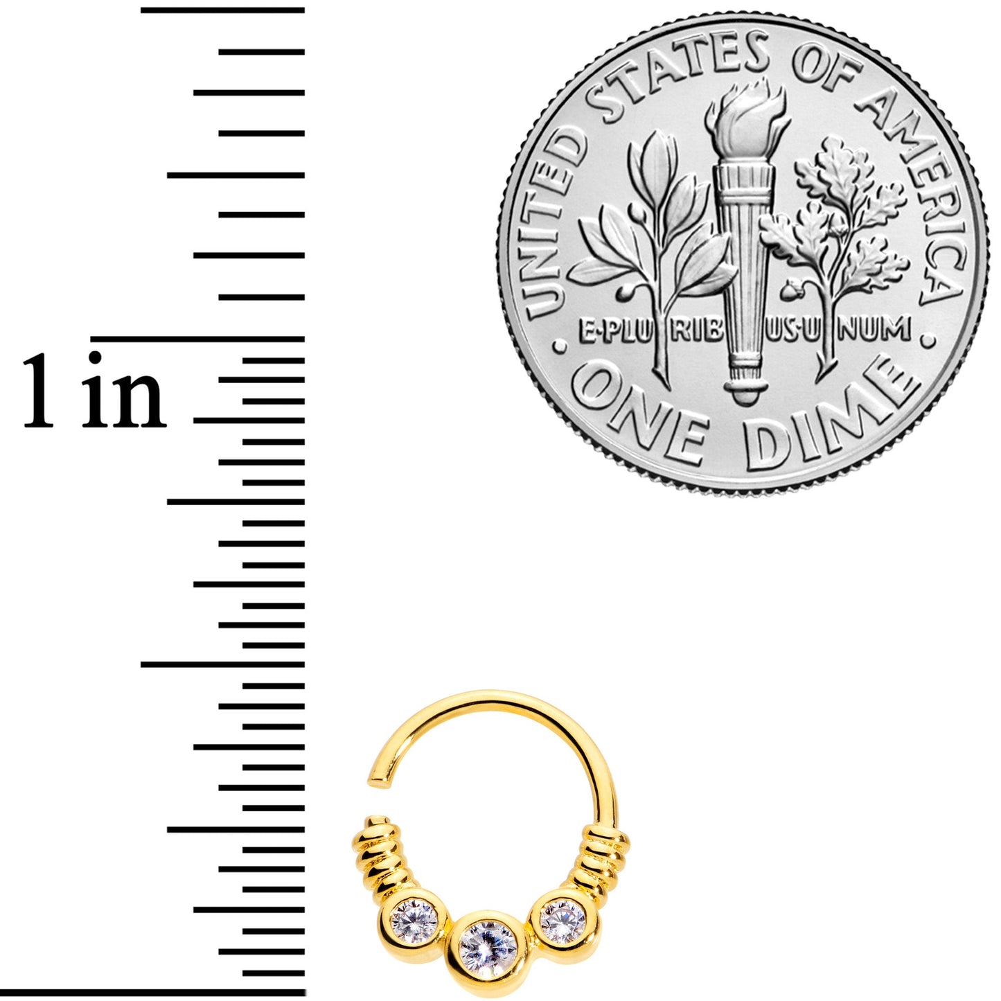 16G 3/8 Clear CZ Gem Trio Gold Tone Coils Closure Ring