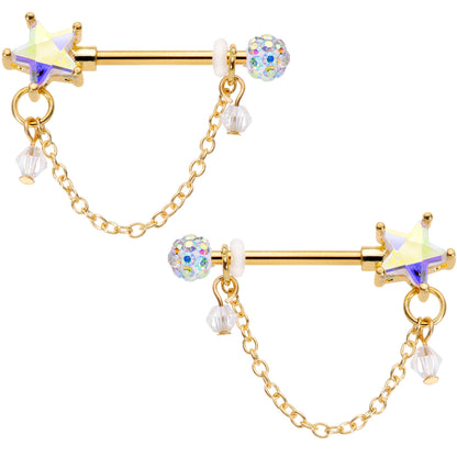 14G 5/8 Aurora Gem Gold Tone Star Chain Dangle Nipple Ring Set