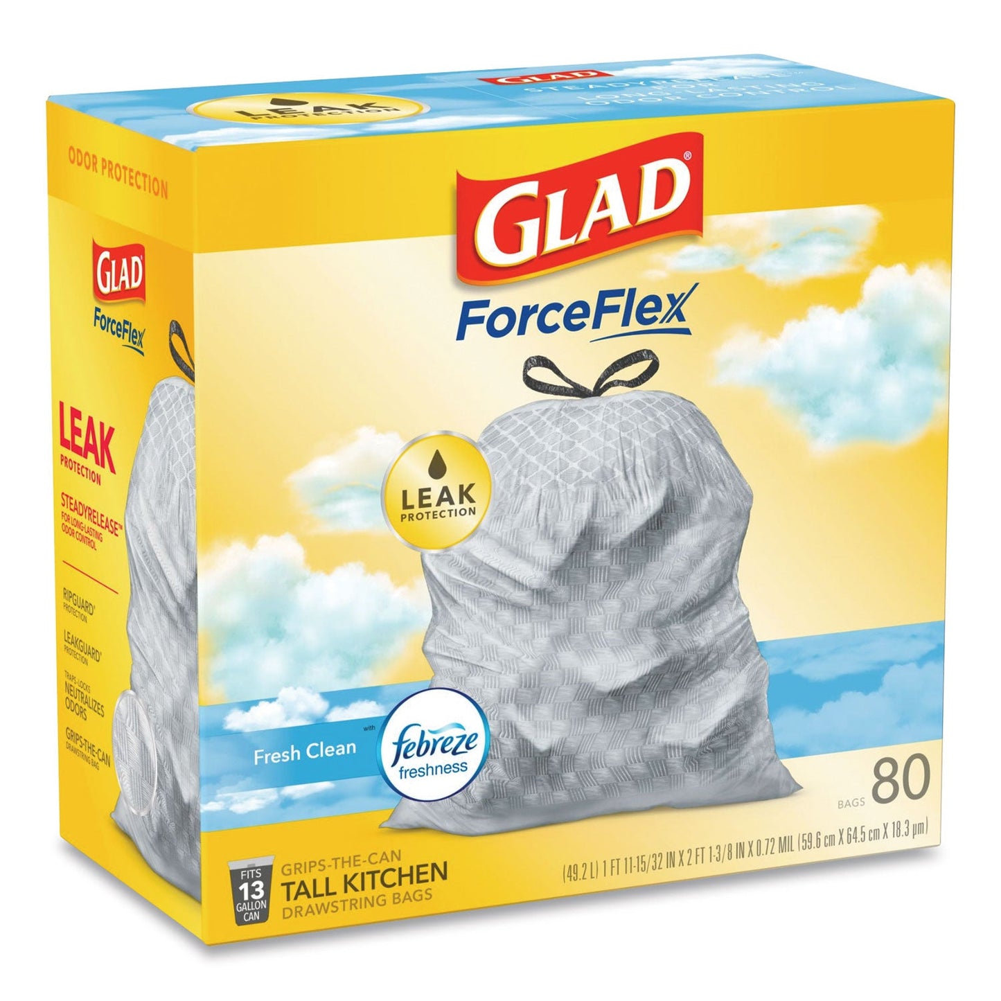 Glad OdorShield Tall Kitchen Drawstring Bags, 13 gal, 0.72 mil, 24" x 27.38", White, 240/Carton