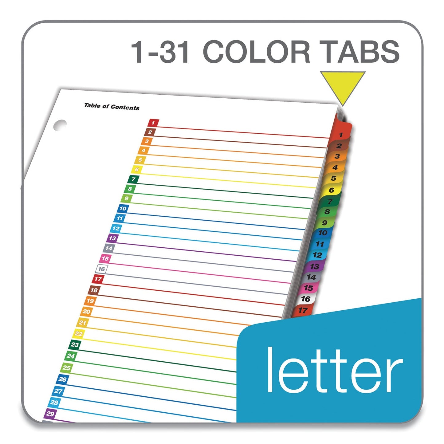 Cardinal OneStep Printable Table of Contents and Dividers, 31-Tab, 1 to 31, 11 x 8.5, White, Assorted Tabs, 1 Set