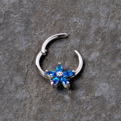 16G 3/8 Blue Gem Royal Flower Hinged Segment Ring