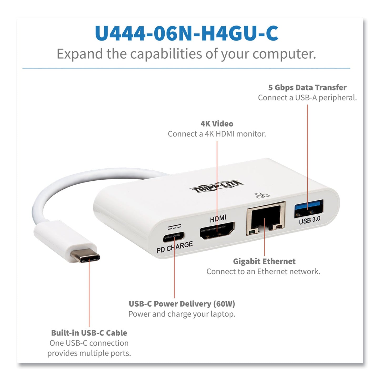 Tripp Lite 4K Dock with Charging and Ethernet, USB C/4K HDMI/USB A/PD Charging, White