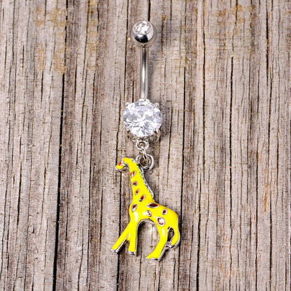 Clear Gem Yellow Brown Giraffe Dangle Belly Ring