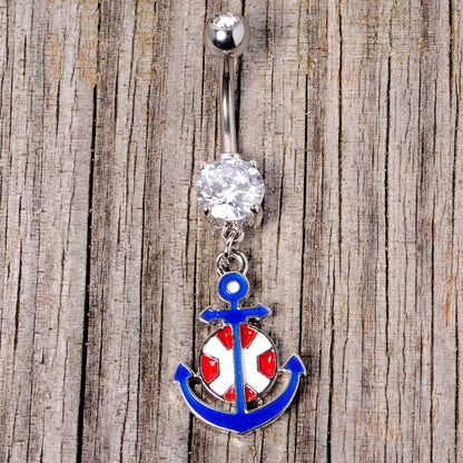 Clear Gem Blue Red Life Ring Anchor Nautical Belly Ring