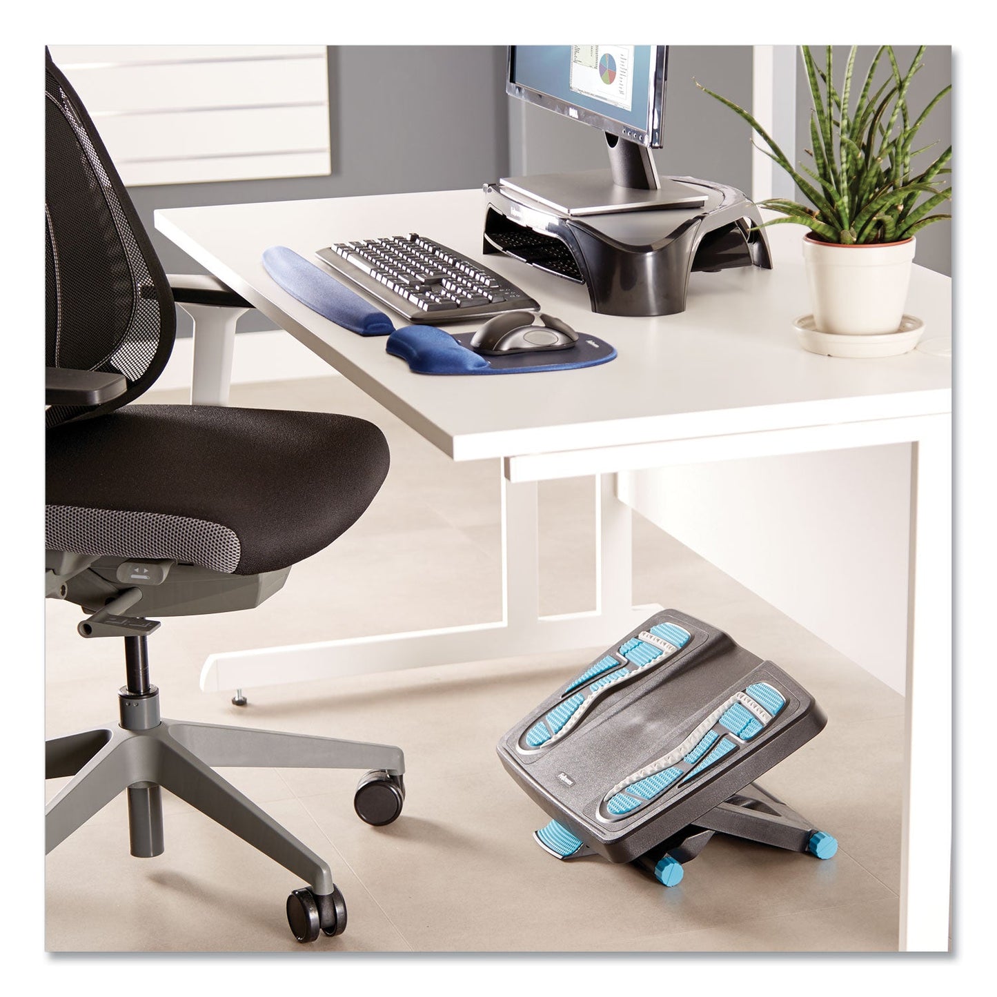 Fellowes Energizer Foot Support, 17.88w x 13.25d x 4 to 6.5h, Charcoal/Blue/Gray