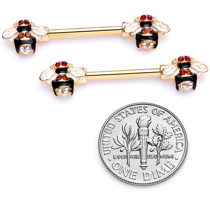 14G 9/16 Clear Yellow Gem Gold Tone Bee Barbell Nipple Ring Set