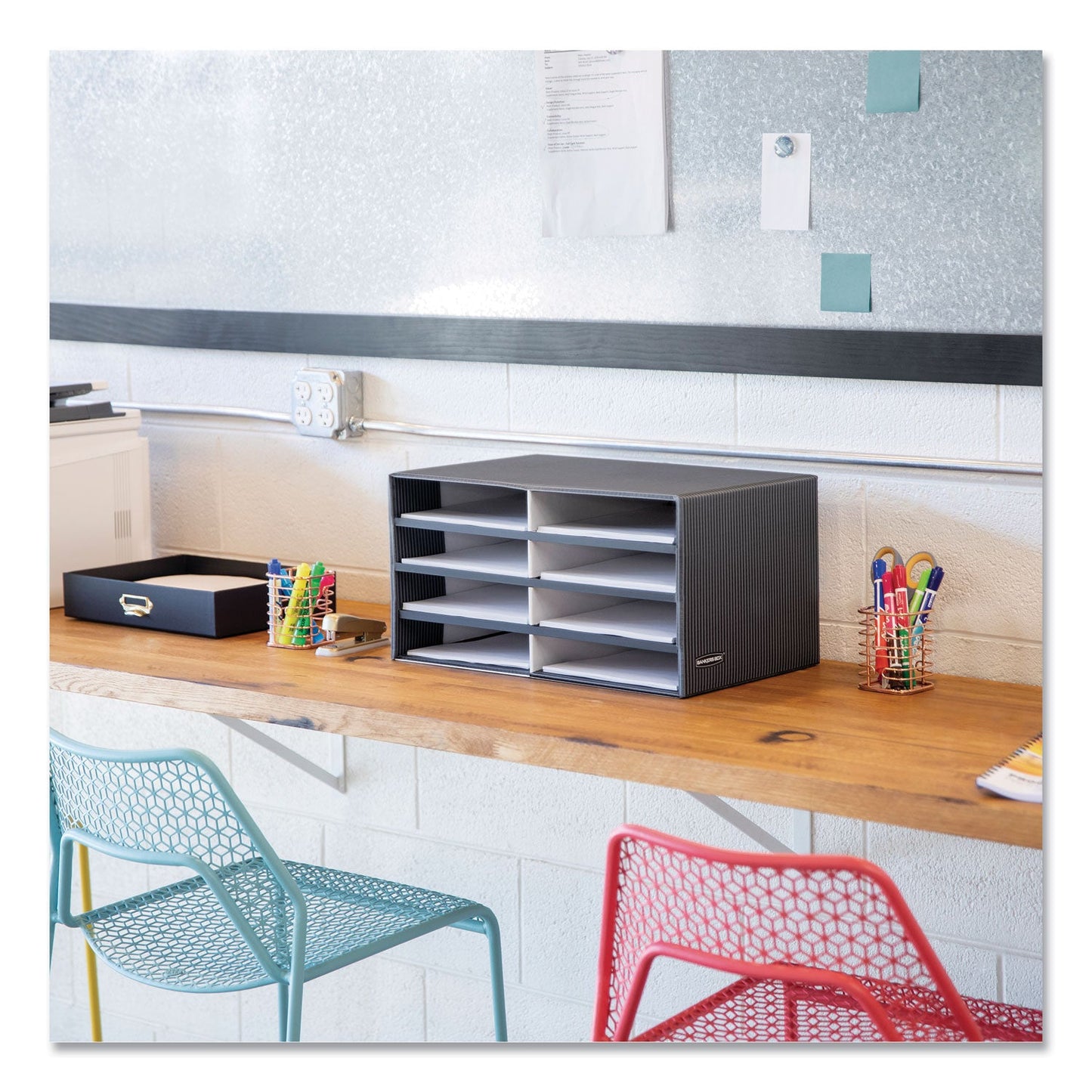 Bankers Box Decorative Sorter, 8 Letter Compartments, 19.5 x 12.38 x 10.25, Black/Gray Pinstripe