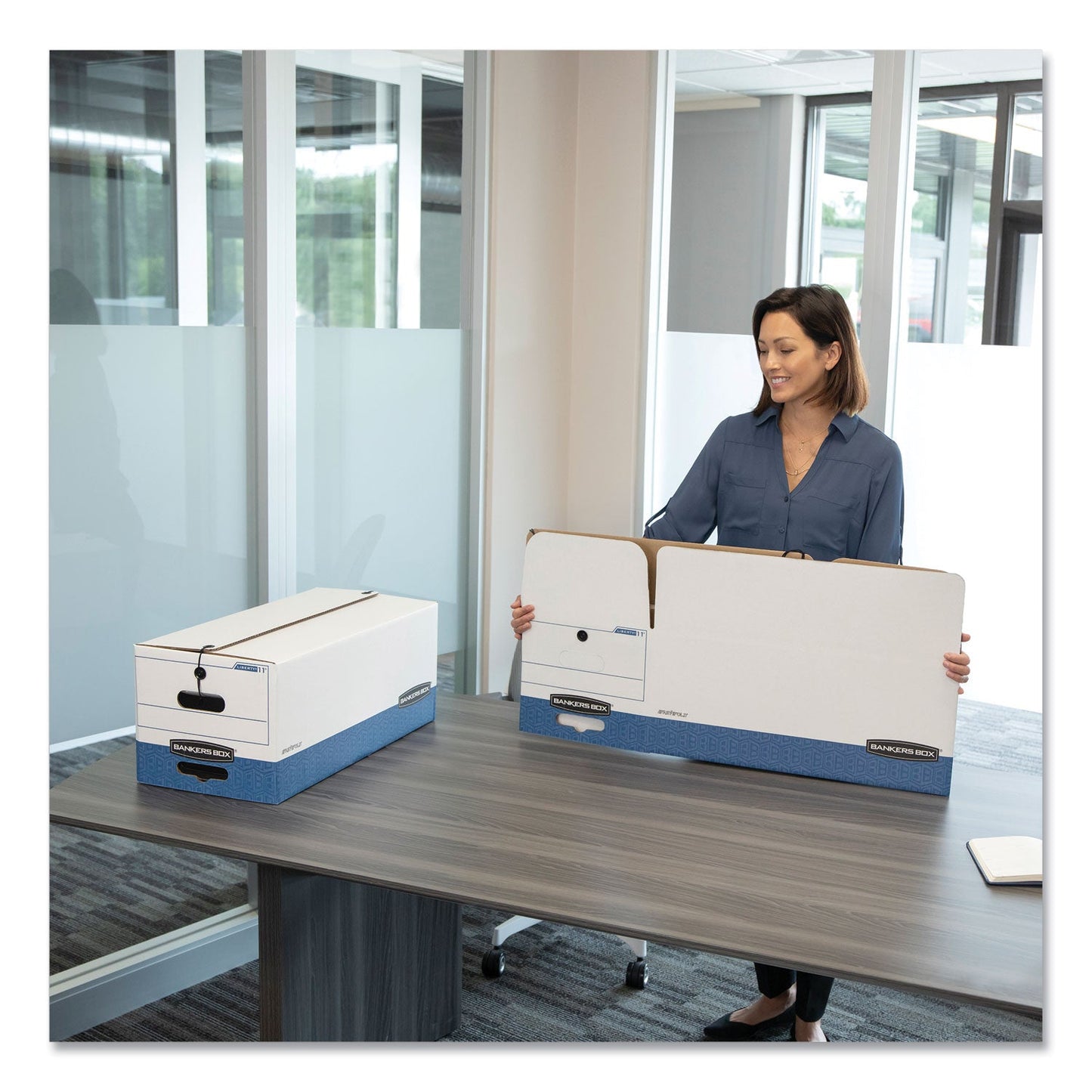 Bankers Box STOR/FILE Medium-Duty Strength Storage Boxes, Letter/Legal Files, 12.25" x 16" x 11", White/Blue, 12/Carton