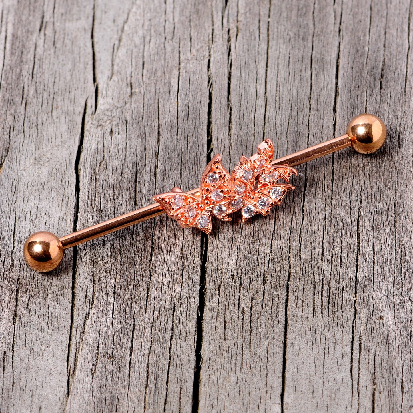 14G Clear CZ Gem Rose Gold Tone Butterflies Industrial Barbell 38mm
