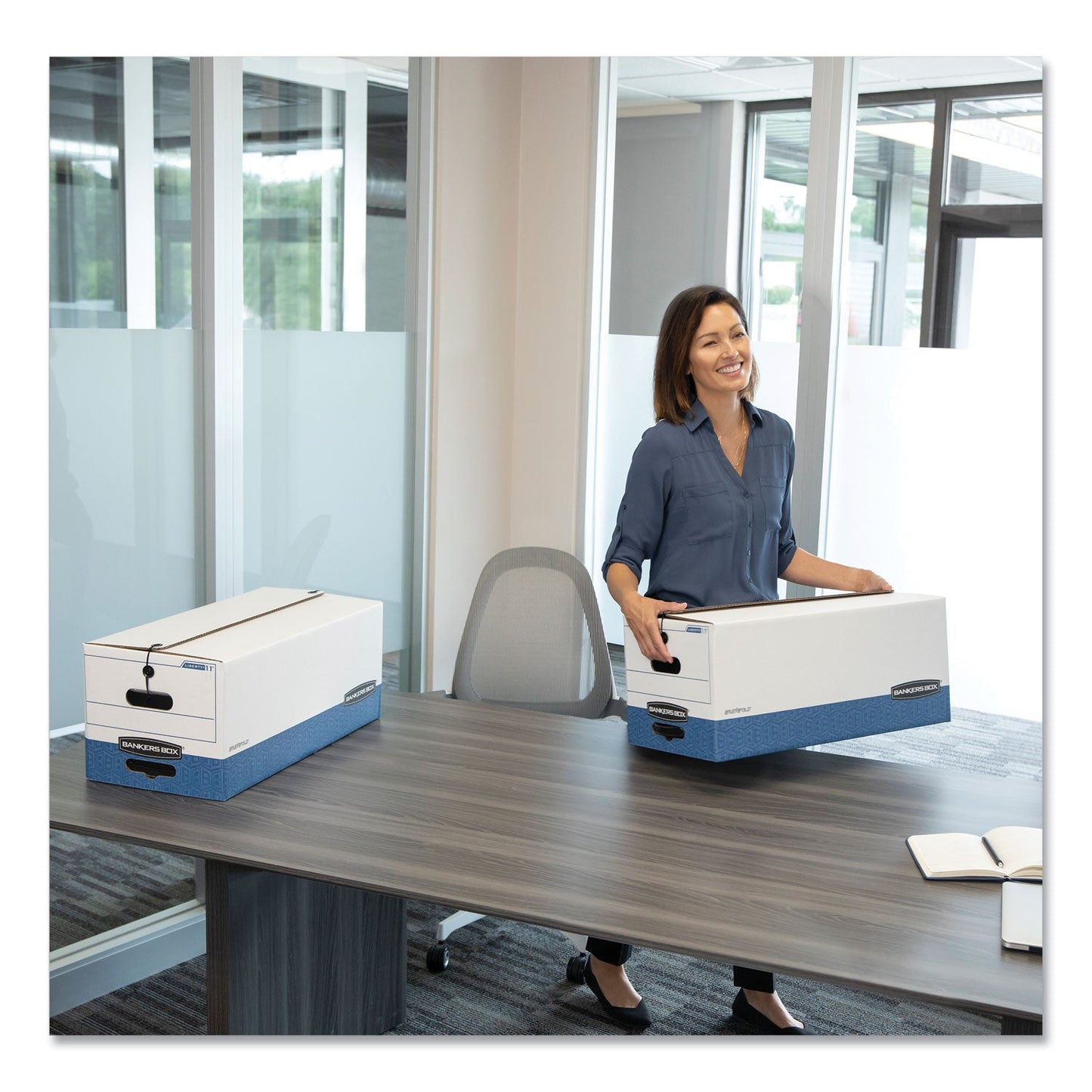Bankers Box STOR/FILE Medium-Duty Strength Storage Boxes, Letter/Legal Files, 12.25" x 16" x 11", White/Blue, 4/Carton