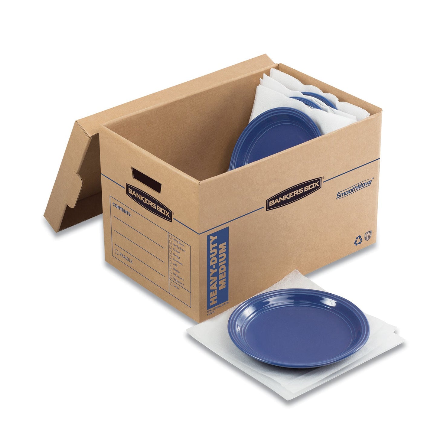 Bankers Box SmoothMove Maximum Strength Moving Boxes, Half Slotted Container (HSC), Medium, 12.25" x 18.5" x 12", Brown/Blue, 8/Pack