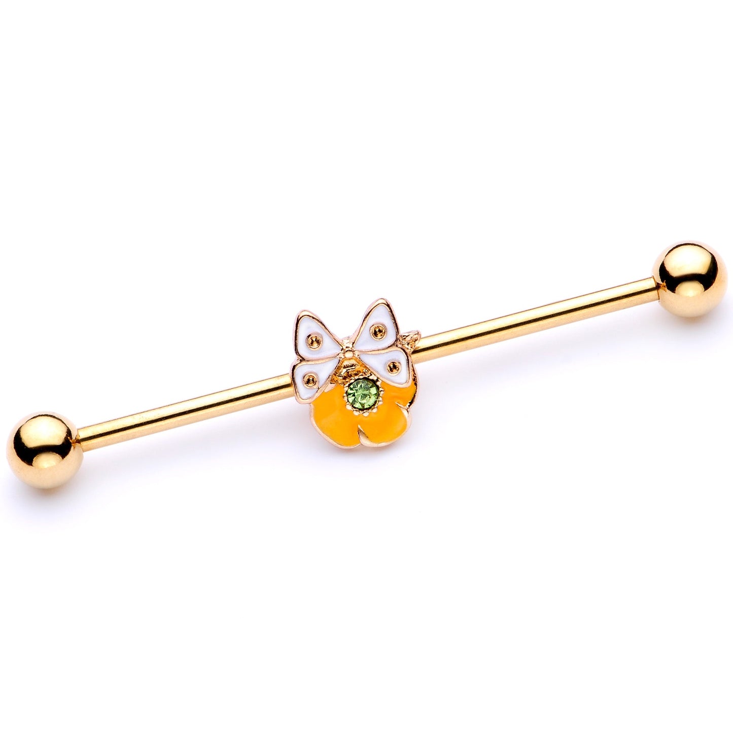 14G Green Gem Gold Tone Butterfly Flower Industrial Barbell 38mm