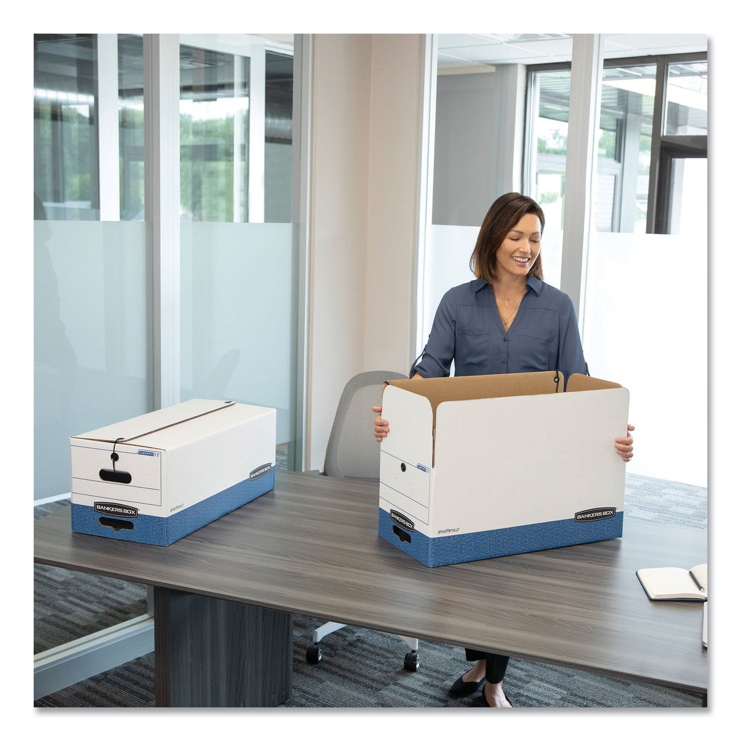 Bankers Box STOR/FILE Medium-Duty Strength Storage Boxes, Legal Files, 15.25" x 19.75" x 10.75", White/Blue, 4/Carton