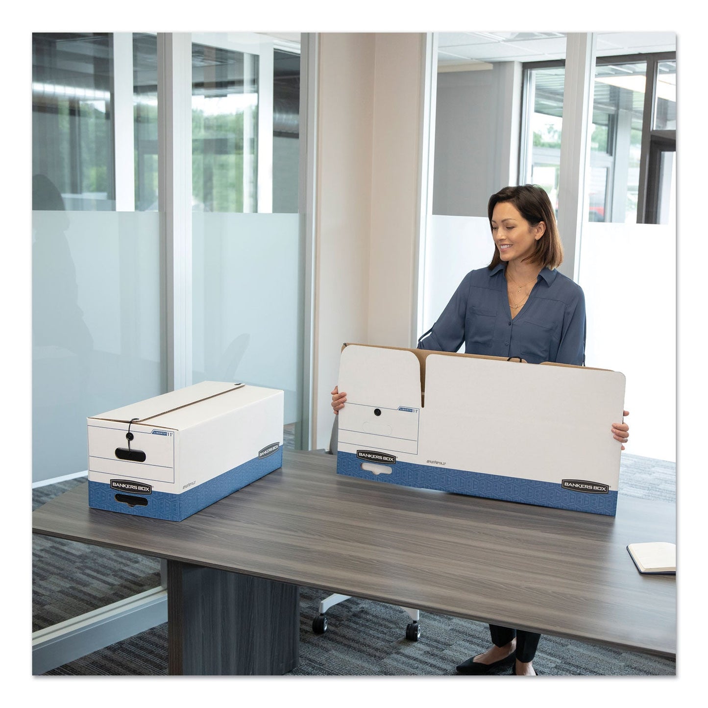 Bankers Box LIBERTY Heavy-Duty Strength Storage Boxes, Letter Files, 12.25" x 24.13" x 10.75", White/Blue, 12/Carton