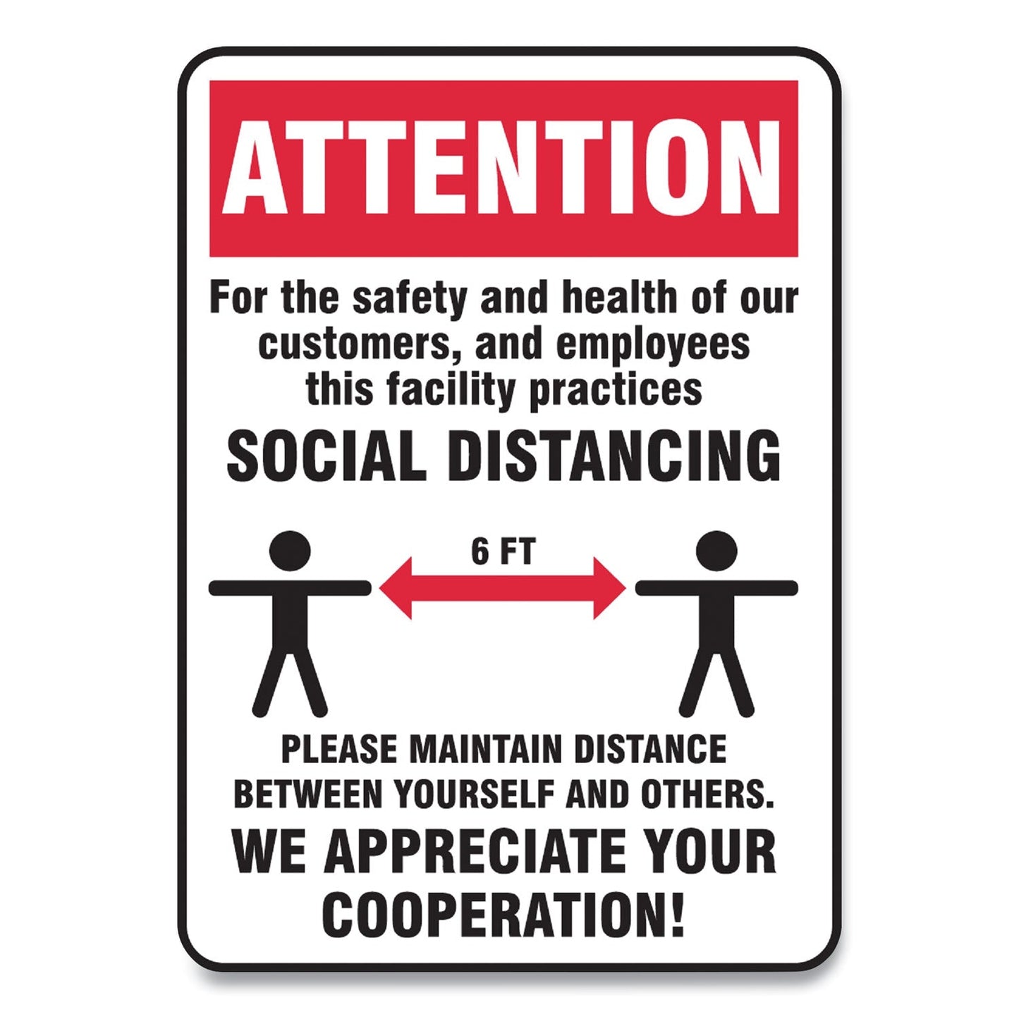 Accuform Social Distance Signs, Wall, 10 x 14, Customers and Employees Distancing, Humans/Arrows, Red/White, 10/Pack